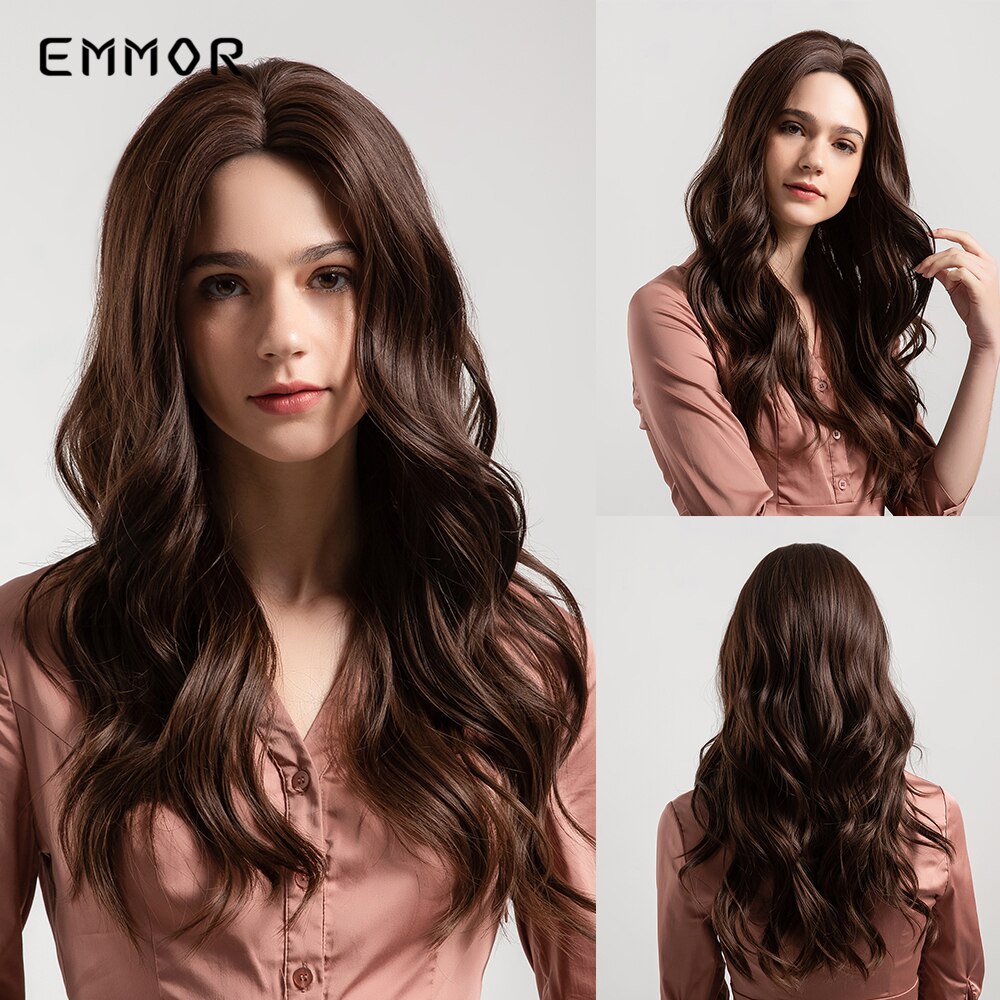 Emmor Long Brown Ombre Synthetic Wigs with Bangs Layered Wavy Heat Resistant Hair Cosplay Daily Use Wig for White Black Women: 133