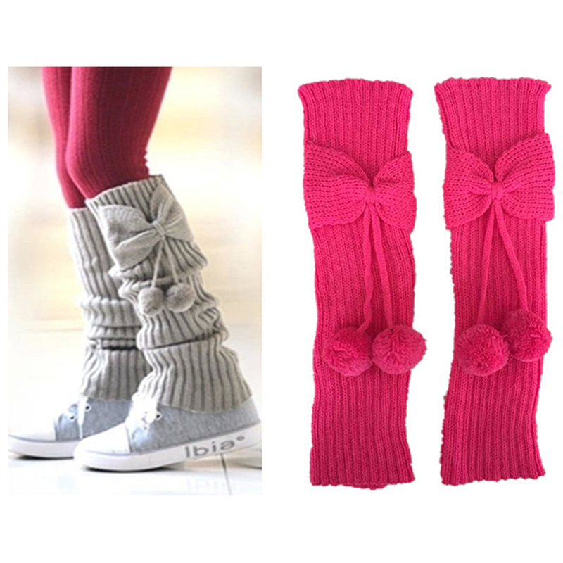 Scaldamuscoli Bowknot per bambini invernali per bambini maniche a pompon lavorate a maglia coprigambe moda ginocchiere per bambini