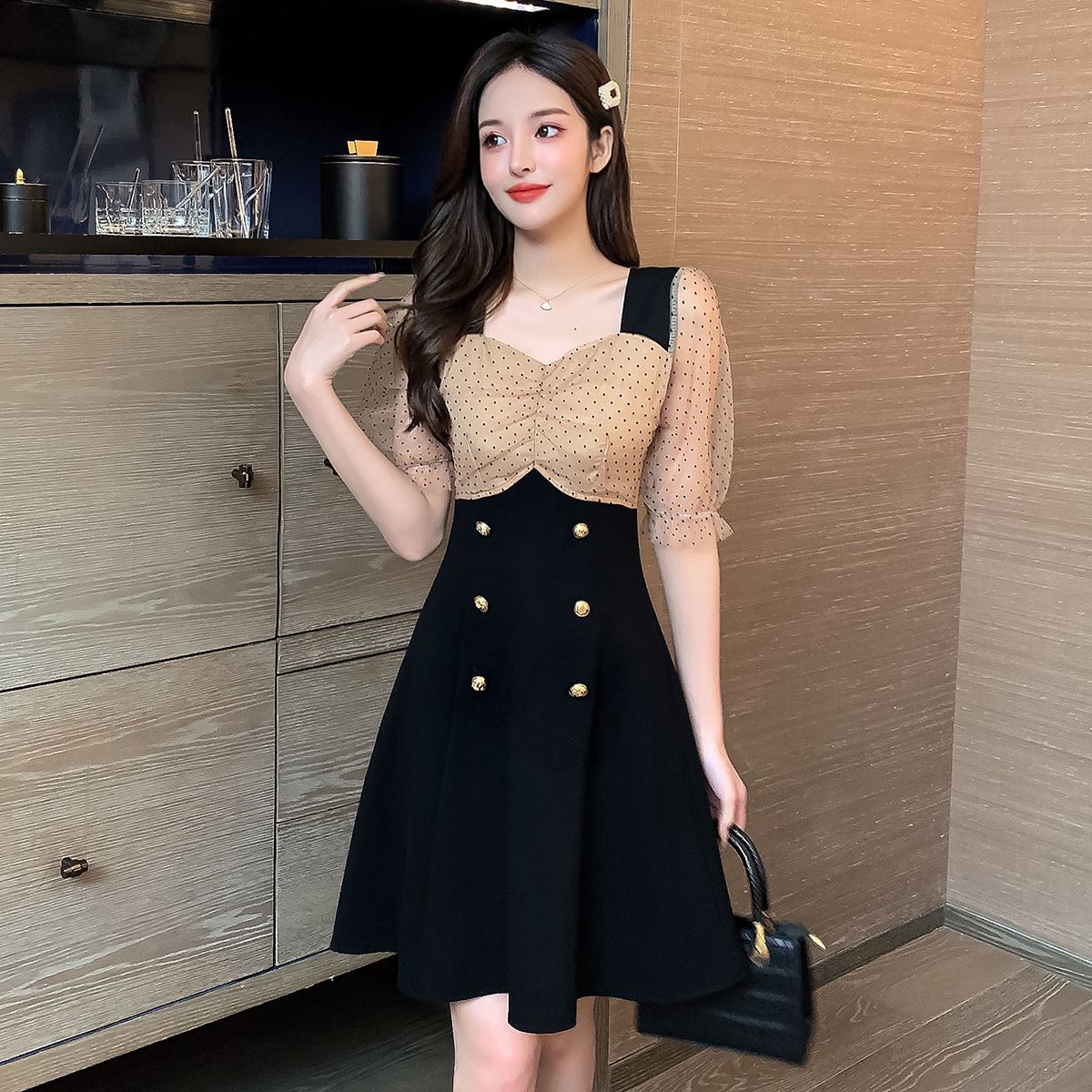 COIGARSAM Women one-piece dress korean Summer Mesh Dresses Black 622