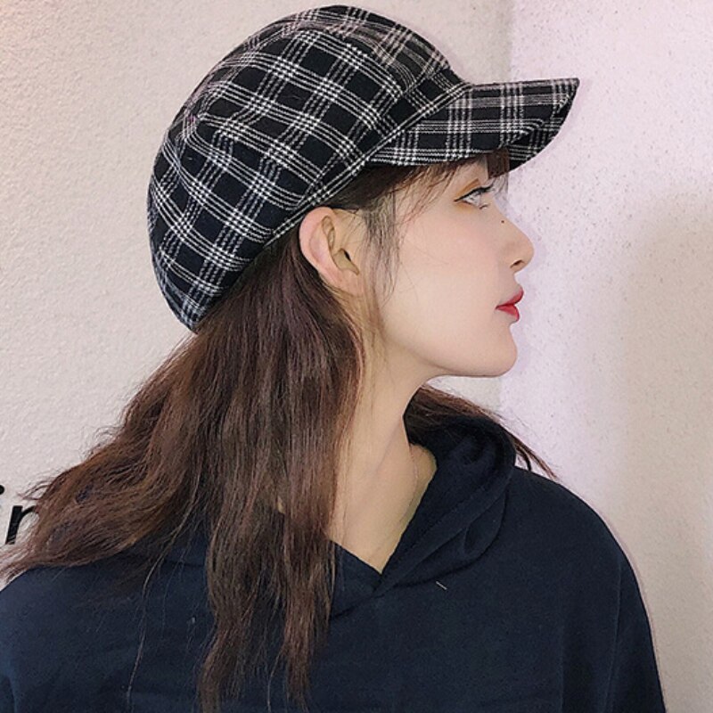 HT2612 Spring Autumn Women Hats Vintage Plaid Octagonal Newsboy Cap Retro Ladies Beret Hat Cotton Artist Painter Hat Women Beret