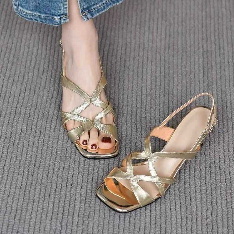 Krydsende hule slingbacks sko kvinde peep toe sandaler kvinders sommer sorte tynde høje hæle guld hæl romerske sandaler