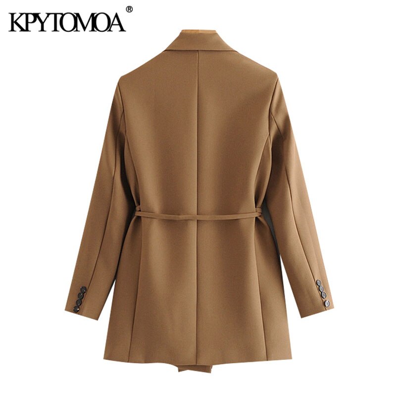 KPYTOMOA Women With Tied Wrap Blazers Coat Vintage Long Sleeve Pockets Female Outerwear Chic Tops
