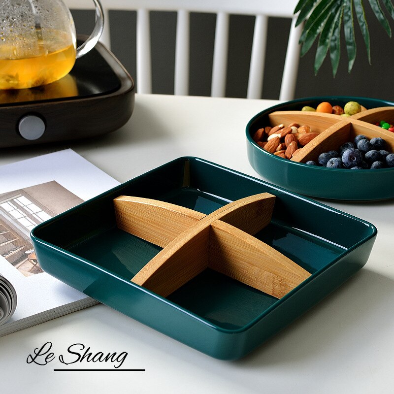 Utensilio de cocina de lujo, plato de cerámica Esmeralda, bandeja de aperitivo de cerámica, contenedor de frutos secos, platos para servir para fiestas