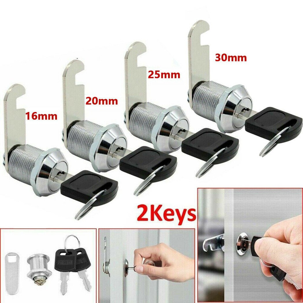16/20/25/30mm Latch Cam Lock Door Barrel 90 Degree With 2 Key 8mm Hole Suitable For Filing Cabinet Locker Drawers