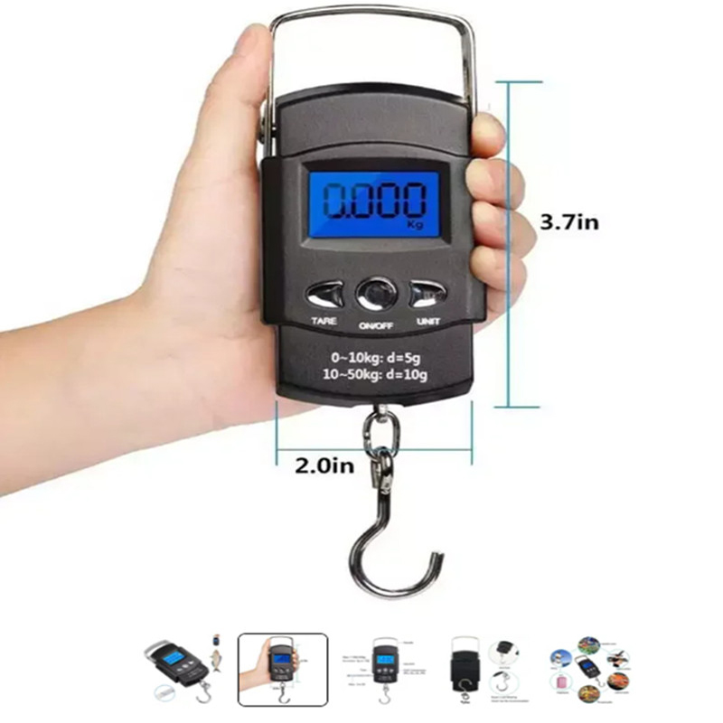 50kg/10g Draagbare LCD Elektronische Handweegschaal Reizen Hangende Schaal met 100cm Lange Intrekbare Meetlint