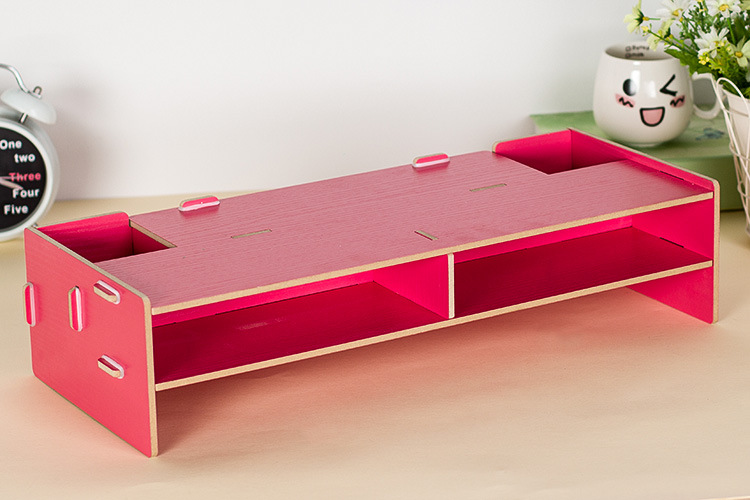 Assembled Computer Monitor Rack 3 Layers Wood Office Table Organizer for Pen/Keyboard/Stationery Laptop Tray 48*20*11.5cm: Red