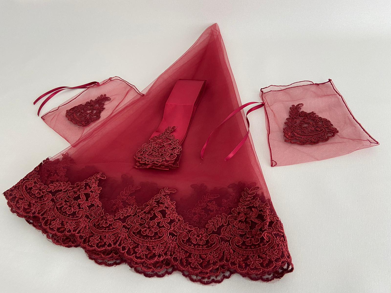 Ensemble voile henna pour mariée, accessoire de nuit pour mariage, dentelle élégante, guipure, couleur bordeaux rouge, pour femmes,