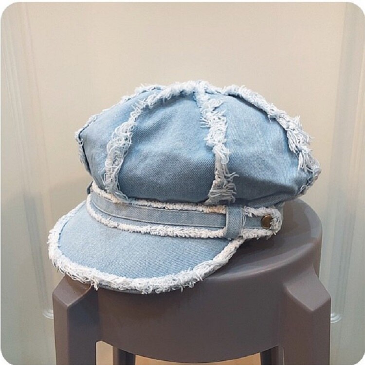 Spring and Autumn Fringed Retro Denim Octagonal Hat with Band Vintage Distressed Peaked Newsboy Cap for Women Tassel Baker Boy: Light Blue