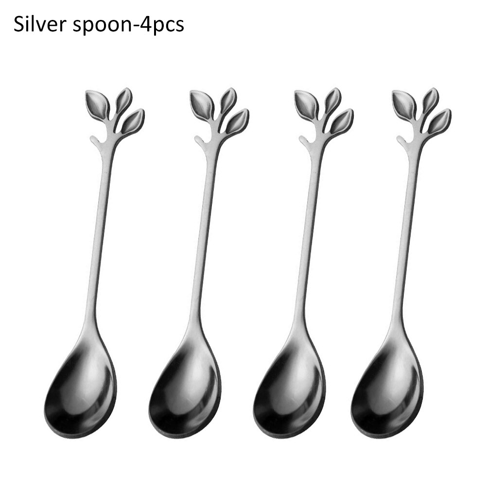 Coffee Stirring Spoon Stainless Steel Branch Leaves Handle Teaspoon Dessert Scoop Fork Kitchen Tableware Christmas: Silver / Spoon