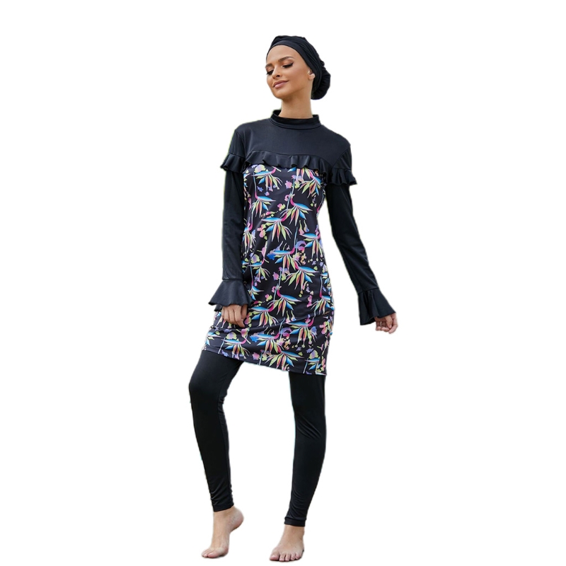 Burkini avec bonnet Hijab pour femmes, 3 pièces, manches longues, à volants, modeste, maillot de bain islamique, col montant, couverture complète, vêtements de plage