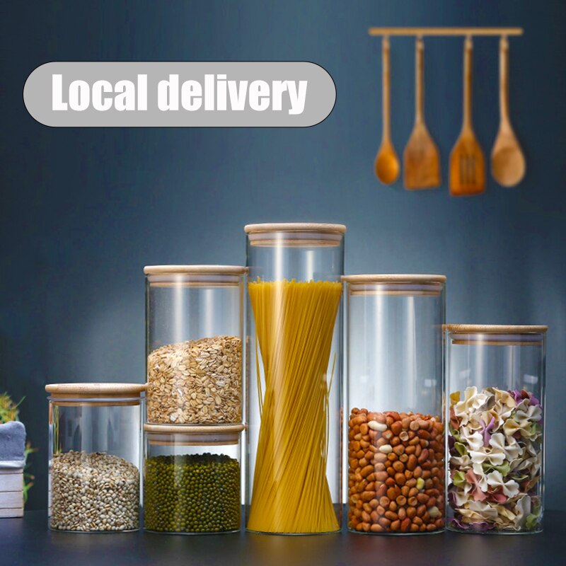 Kitchen Food Storage Transparent Glass Jars with Bamboo Cover Sealed Cans Bottles Spice Jars Candy Box Kitchen Storage Can