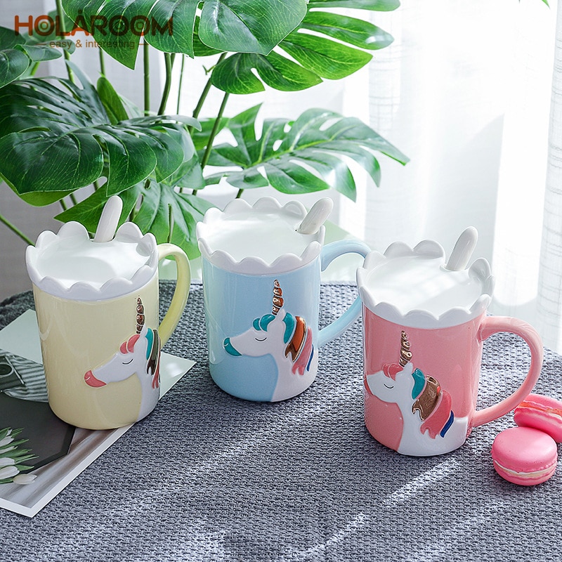 Holaroom Kreative Einhorn Kaffee Becher Milch Kaffee Tee Trinken Tasse Praktische Keramik Tasse Mit Löffel Und Krone Deckel Getränk 350ml