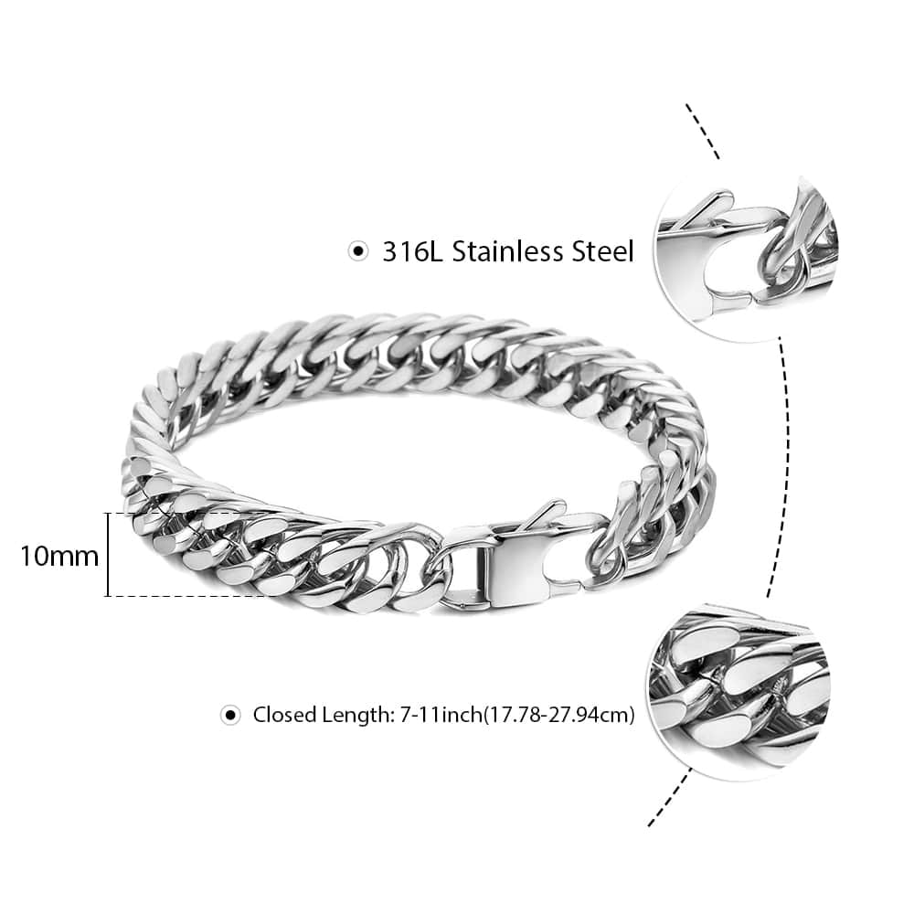 316L Stainless Steel Bracelet For Men Silver Color Tone Cut Double Curb Link Chain Rombo Mens Bracelets 10mm Wide LHB512A