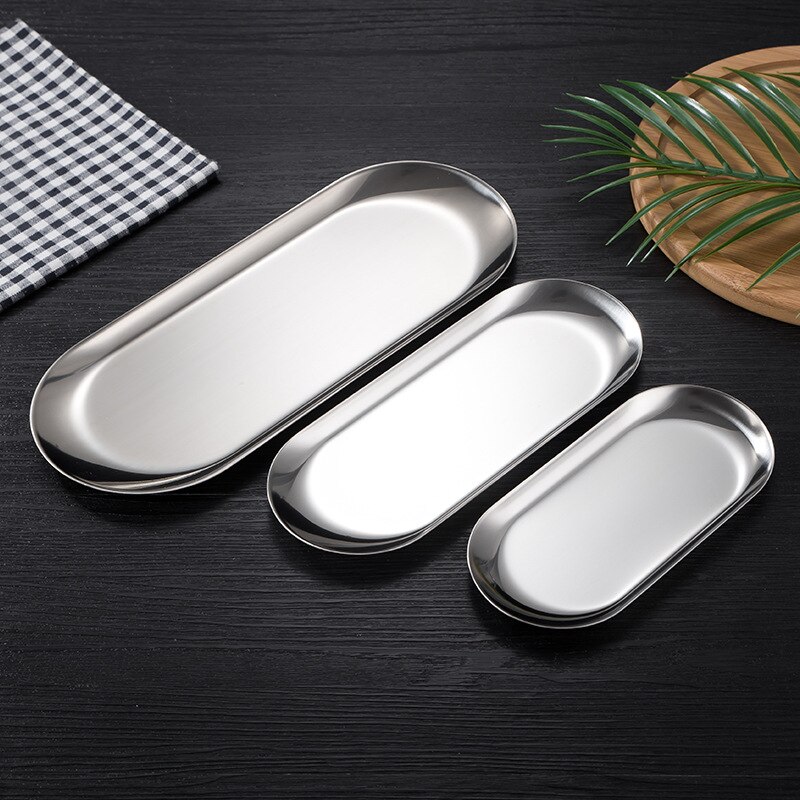 Nordic Korean Thick Stainless Steel Oval Plate Tray Snack Golden Barbecue Baking Container Serving Plates: Silver / 30cm