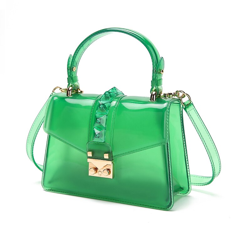 Clear Transparent saddle Bag Women rivet Jelly Bags Purse Panelled Color women Handbags sac a main femme Shoulder Bag: green