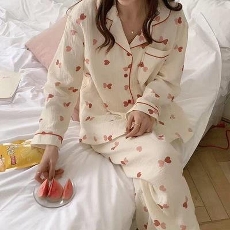 Qweek nattøj dame& #39 ;s bomuld rødt hjerte print pyjamas langærmet efterårspyjamas kvinde sæt koreansk pyjamas negligee cardigan pjs