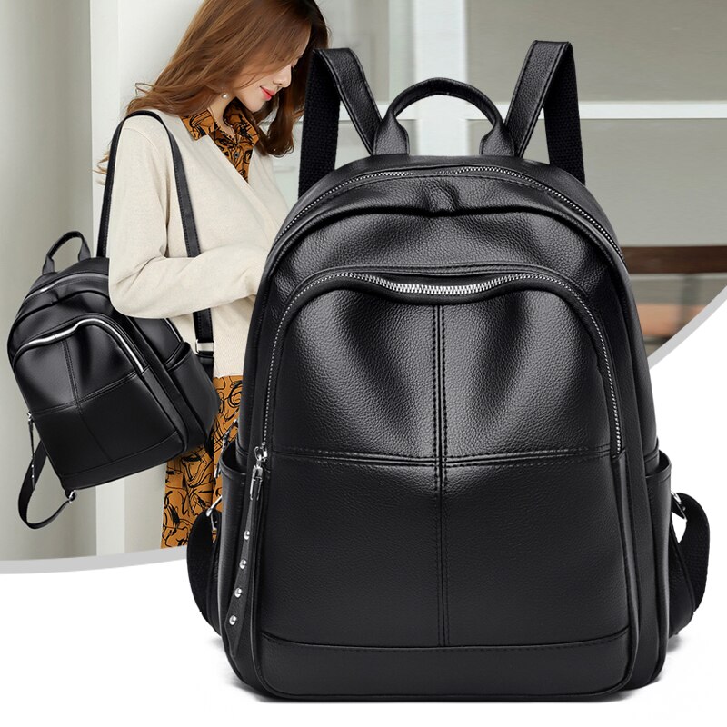 Zwart Lederen Rugzakken Voor Vrouwen Grote Capaciteit School Rugzak Tienermeisje Boek Tas Effen Kleur Reizen Backbag Sac Een dos