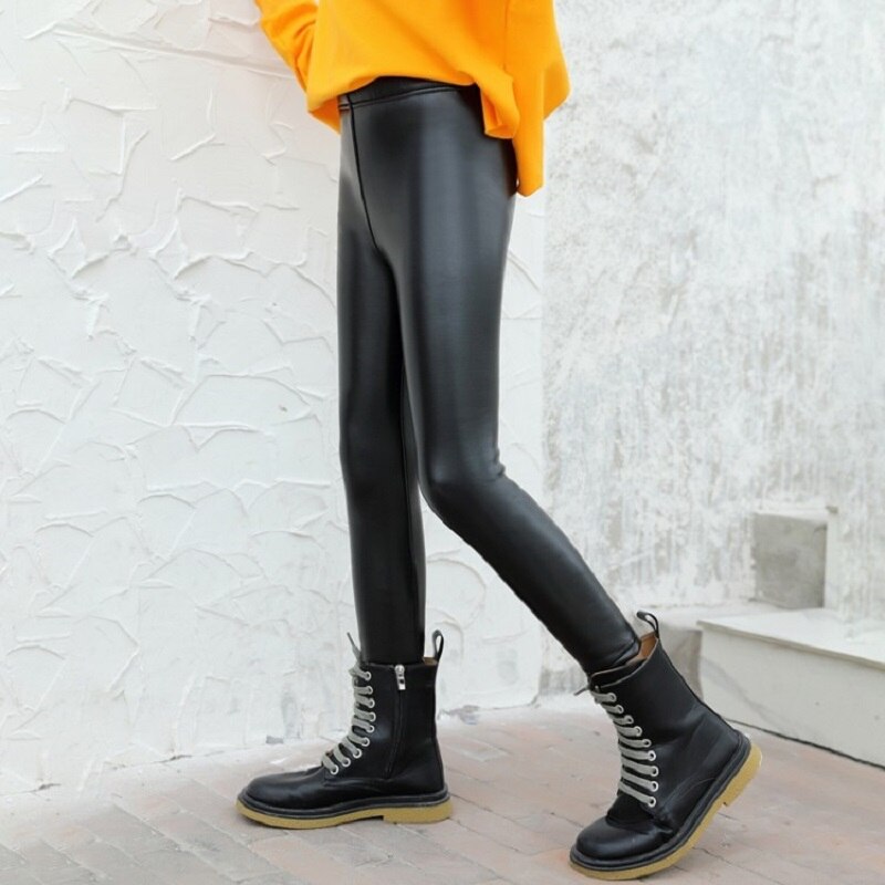 Dziewczynek spodnie skórzane zimowe ciepłe legginsy dla dzieci ubrania wypoczynek nastolatki chudy jednolita elastyczna spodnie stroje Vestidos