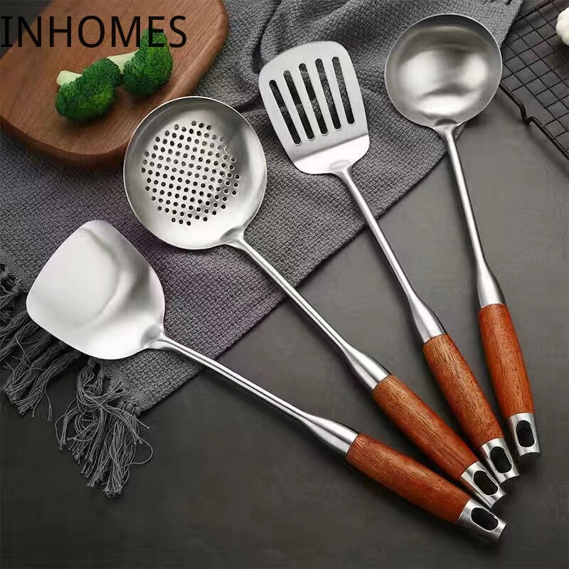 Rosewood Handle Stainless Steel Wok Spatula Skimmer Slotted Shovel Turner Rice Spoon Serving Utensil Set Kitchen Cooking Tools