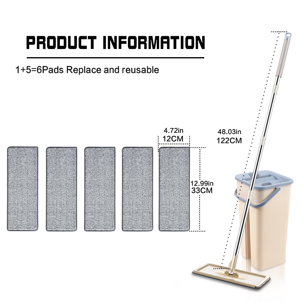 Trapeador plano con cubo Rotación de 360 ​​grados No lavar a mano Fregona para limpieza de suelos 6 alfombrillas de microfibra Uso húmedo y seco Utensilios de cocina para el hogar: B Beige 6pcs Pads