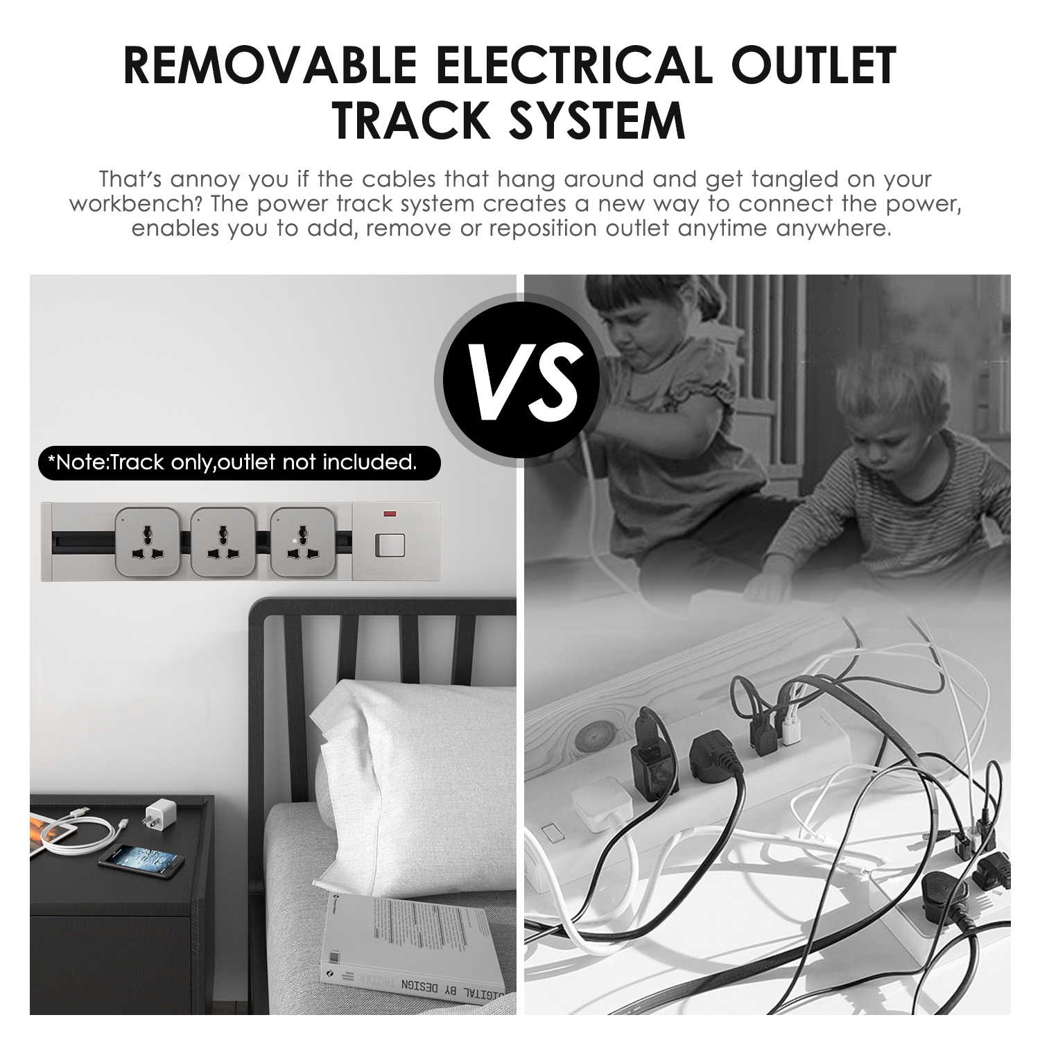 KKmoon Removable Electrical Outlet Track System 6000W Track System Movable Wall Outlet Extender Wireless Strip Sliding Rail