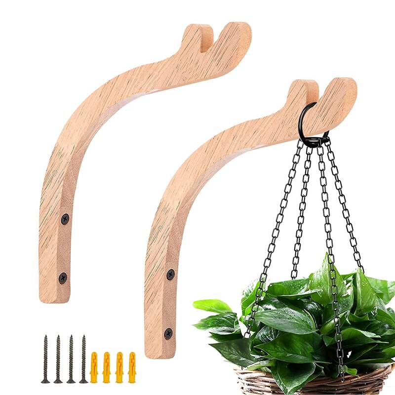 2 Pack Plant Hooks For Hanging Baskets,Wooden Plant Wall Hanger Indoor &amp; Outdoor,Wall Hooks For Hanging Plants