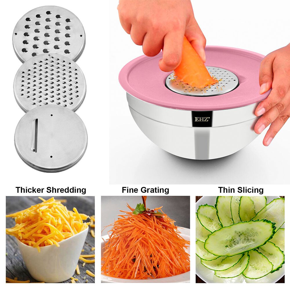 Cuenco mezclador EHZ de acero inoxidable para ensalada, conjunto de 8 Uds. Fresco sellado de Bol, herramienta de cocina cepilladora afilada para hornear pasteles y verduras