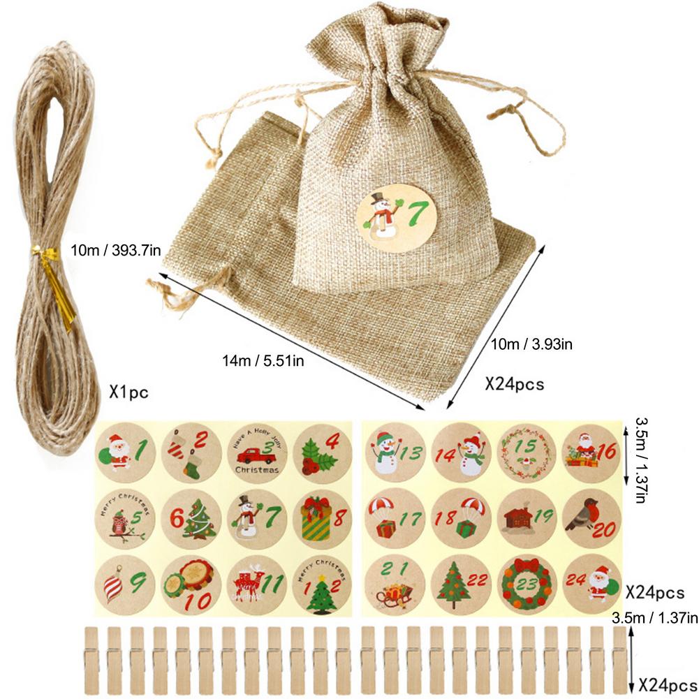 Advent Calendar Bags Set 24 Days Burlap Advent Calendar Drawstring Bags DIY Christmas Embellishments With Clips: Red