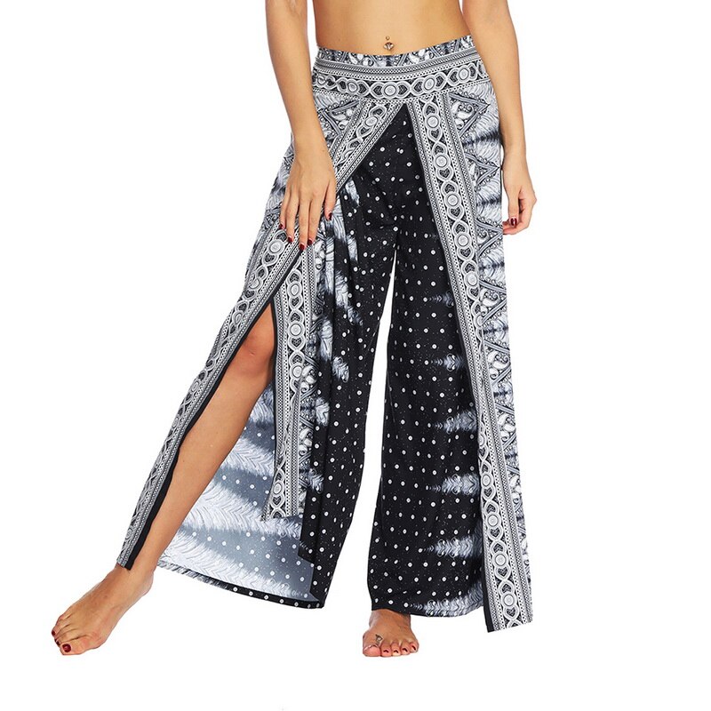 Womens Palazzo Slit Wide Leg Pants Summer Casual Beach Boho Print Pants Plus Size High Waist Gym Yoga Pants Sweatpants: 4 / L-XL