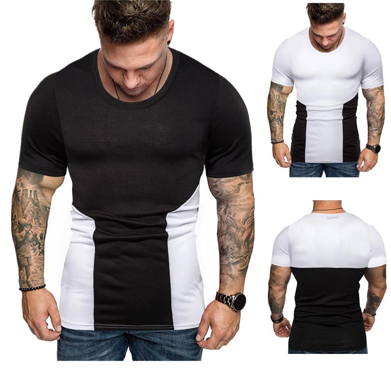 Nuevas camisetas ajustadas de retales para hombre, camisetas de compresión, camisetas de culturismo, camiseta de manga corta con cuello redondo para Fitness