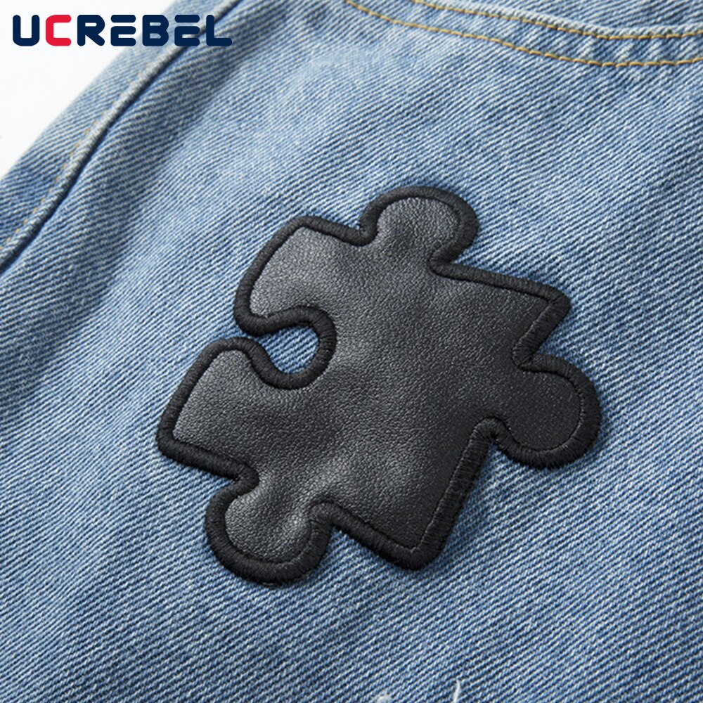 Puzzel Patch Borduurwerk Denim Shorts Heren High Street Zomer Ripped Korte Jeans Streetwear Verontruste Losse Knielange Shorts
