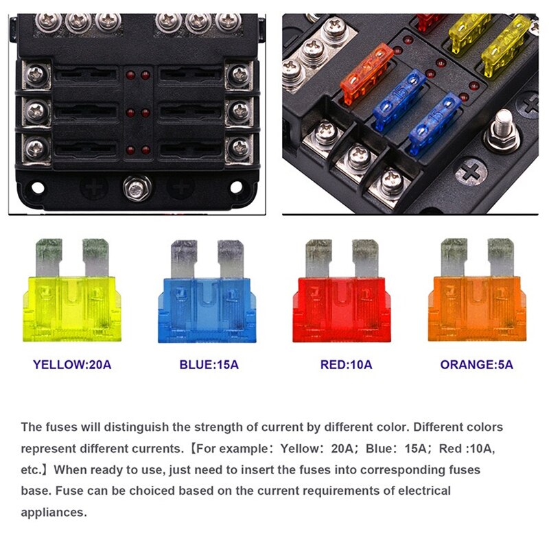 Boîte à fusibles 12 voies porte-fusible porte-écrou à vis avec Bus négatif 5A 10A 15A 20A fusibles gratuits indicateur LED pour automobile