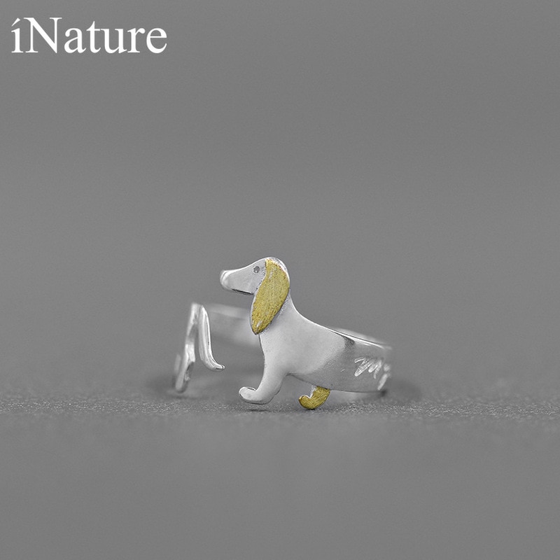 INATURE Cute Dachshund Dog Adjustable Ring 925 Sterling Silver Open Rings for Women