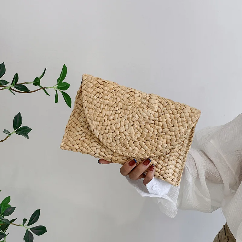 Fashionable Corn Husk Straw Bags Hand-woven Women Clutch Envelope Handbag Long Purse For Female Summer Beach Bag bolsa: Khaki