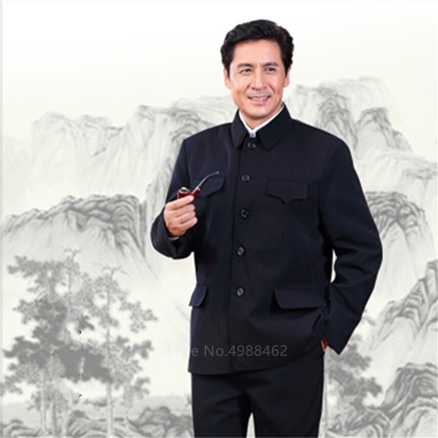 Man Classic Chinese Tunic Suit Retro Oriental Casual Slim Jacket+Pants Mandarin Collar Business Suit Solid Zhongshan Set
