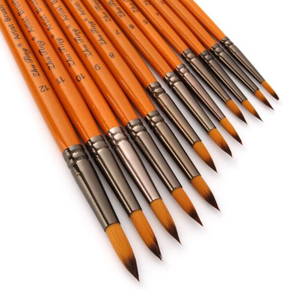 Pinceles redondos de acuarela de pelo de Nylon de 12 Uds para acuarelas/acrílicos/tintas/pinturas al óleo
