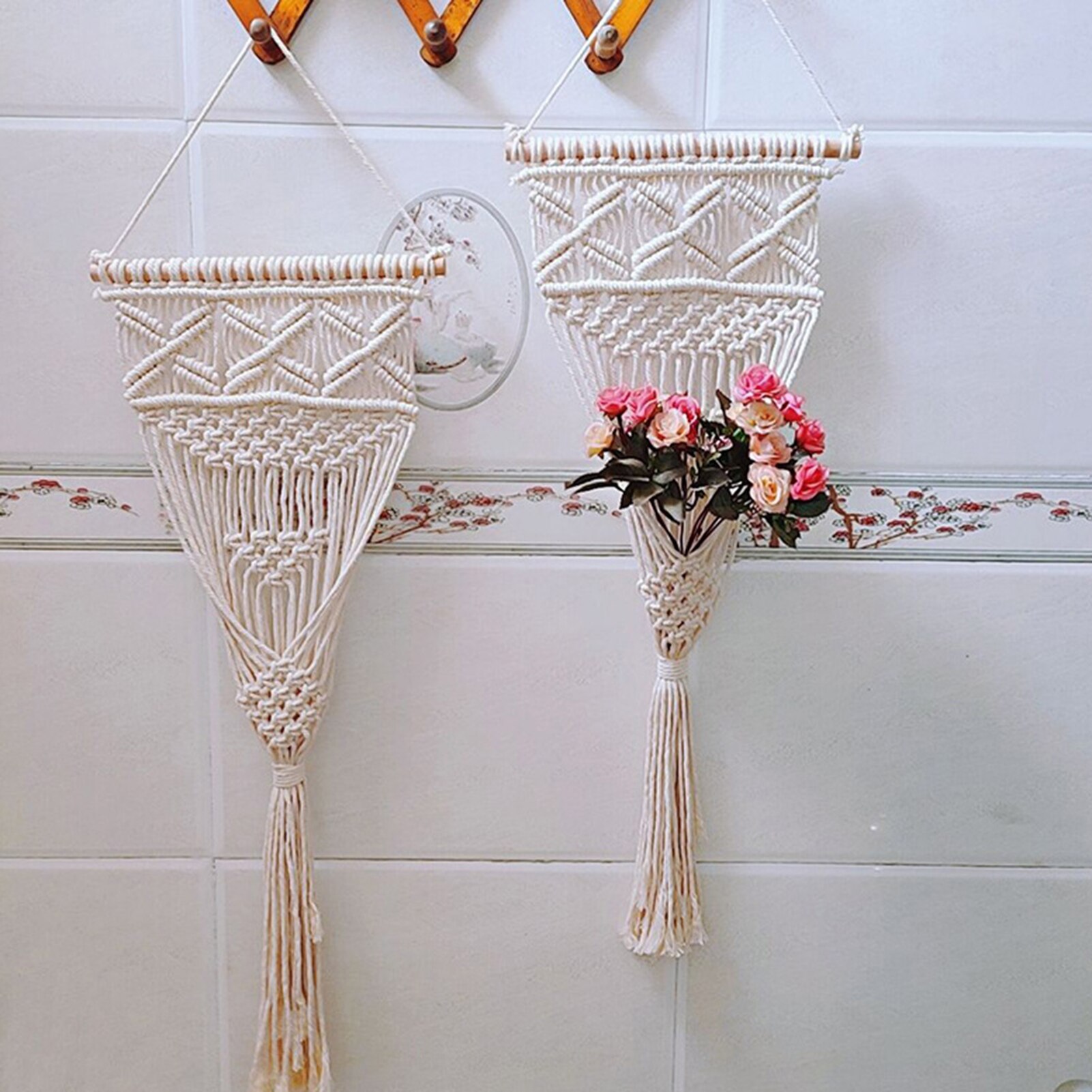 Woven Macrame Plant Hanger Macrame Plant Hanger With Wooden Rod Boho Decor For Garden Terrace Patio Home Wedding Party 35x70cm