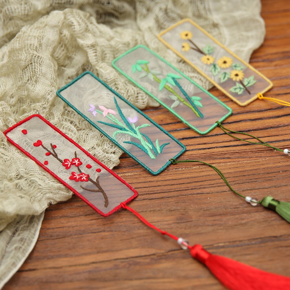 DIY Chinese Style Embroidery Bookmarks Rectangle Embroidery Material Kit Bookmark Flowers Cross Stitch Needlework Craft