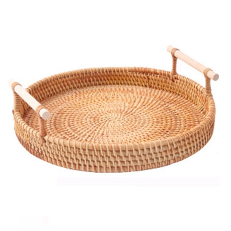 Hand-gewebte Runde Rattan Tablett Obst Snacks Lagerung Korb Organizer mit Griff Herbst gewebte Ablage