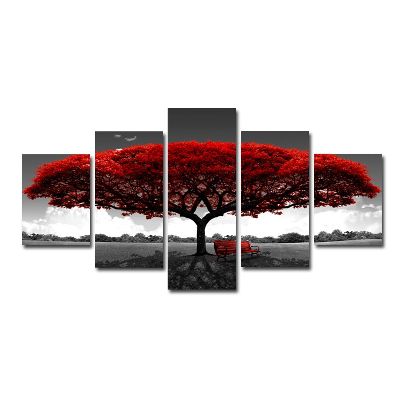 5 paneles de rojo abstracto pinturas al óleo de árboles impresos en lienzo, carteles e impresiones de paisaje, imágenes artísticas de pared para decoración del hogar sin marco: 25x40 25x55 25x70