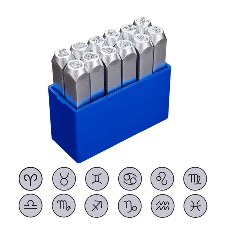 Constellations Theme Matte Diy Metal Stamp Punches 12pcs Set with Tool Case for Jewelry Leather Wood Stamping work Craft