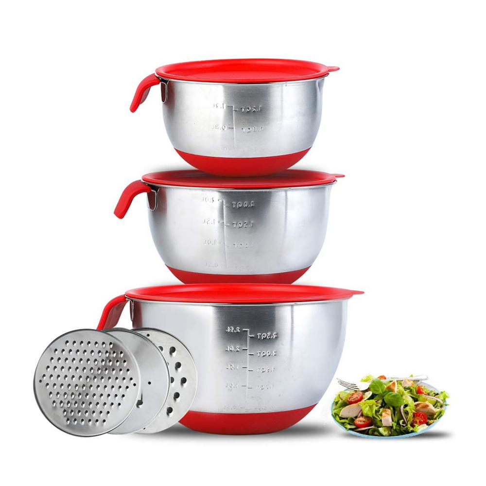 Keuken Stapelbaar Rvs Mixing Bowls Antislip Siliconen Basis Noedelkom Met Luchtdicht Deksel/Meting Merken/ rasp Set