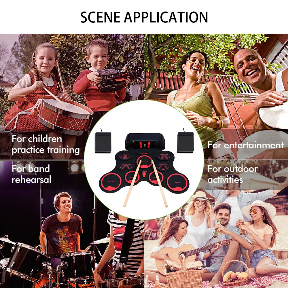 A Series of USB Roll-Up Silicon Drum Set Digital Electronic Drum Kit 7 Drum Pads with Drumsticks Foot Pedals for Beginners