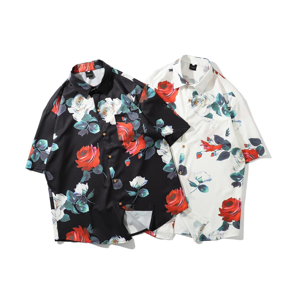 Camisas estampadas con flores rosas para hombre, camisa Floral de manga corta para hombre, blusas básicas para hombre, camisas casuales para hombre