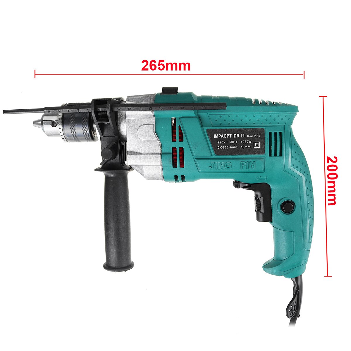 Drillpro 1980W 3800Rpm Elektrische Klopboormachine Handheld Platte Boor Boorhamer Multifunctionele Met Schaal Wrench Handvat Bar 220V