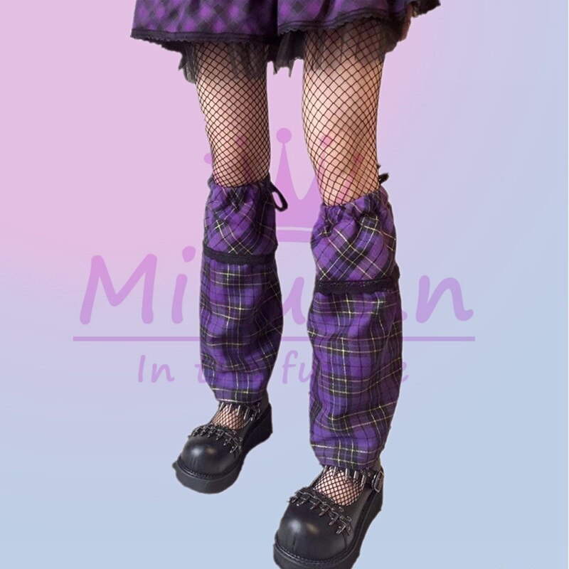 Japanese Harajuku Girls Cute Lace Plaid Leg Warmer Socks Gothic Lolita Sweet Knee High Leg Cover Chic Streetwear: Purple