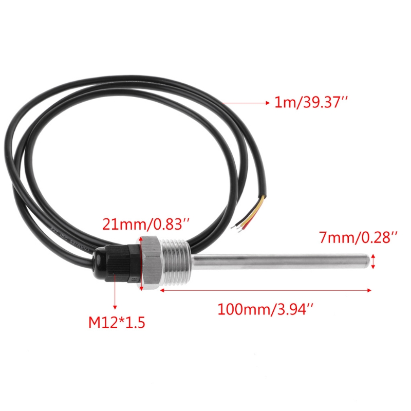 DS18B20 Digital Temperature Sensor G1/2\" Thread Probe DIA=7mm 3-core Wire SUS304