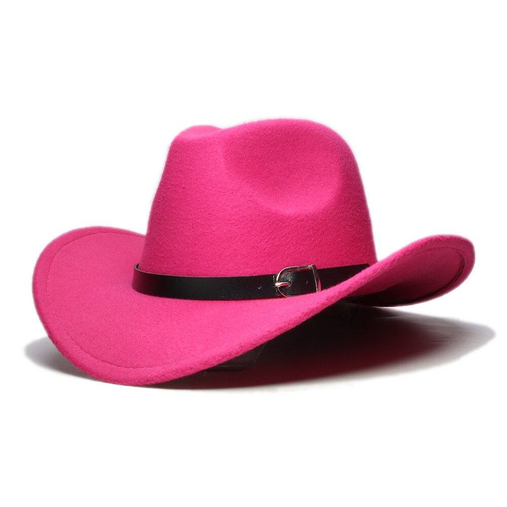 LUCKYLIANJI-Sombrero de banda de cuero occidental para niños, sombrero de ala ancha estilo Country, fieltro de lana, Jazz, Chapeu, vaquero: Rose