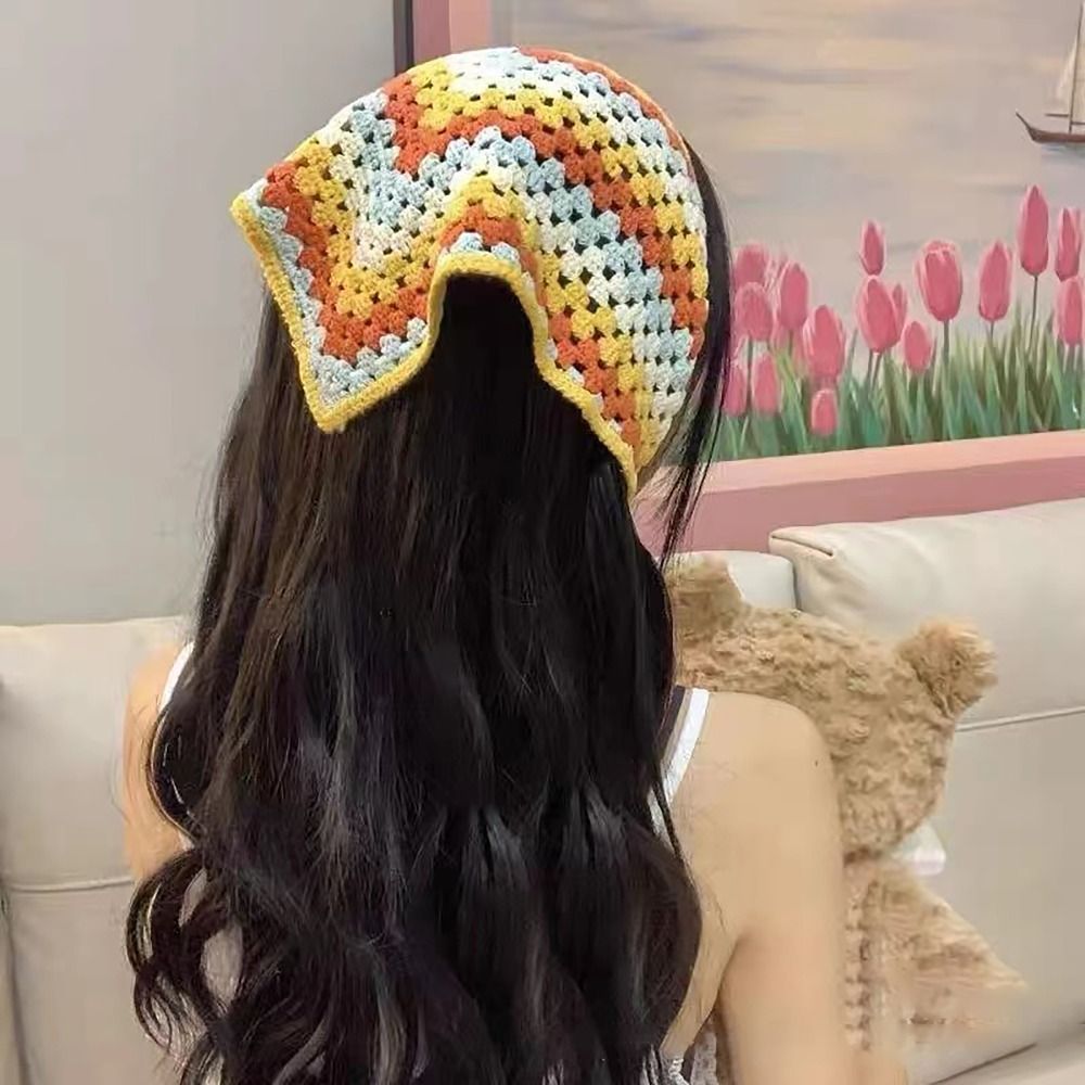 Knitted Headscarf Hat French Pastoral Style Triangle Headband Handmade Crochet Headband Towel Little Flower Headscarf
