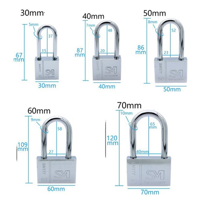 5PCS Universal Stainless steel Heavy Duty Key Lock 30/40/50/60MM Weatherproof Security Padlock Outdoor Gym Safely Door Lock
